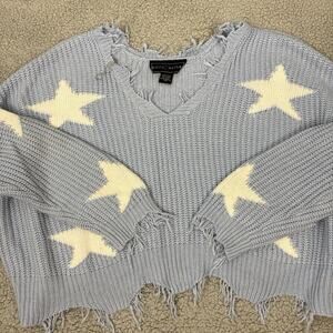 Polly & Esther Women Stars Print Knit Pullover Sweater sz XL Distressed Swifty